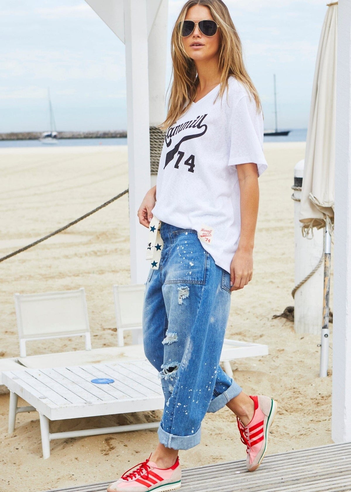 HAMMILL &amp; CO Hammill &#39;74 Logo V-Neck Tee - White Tee - Zabecca Living