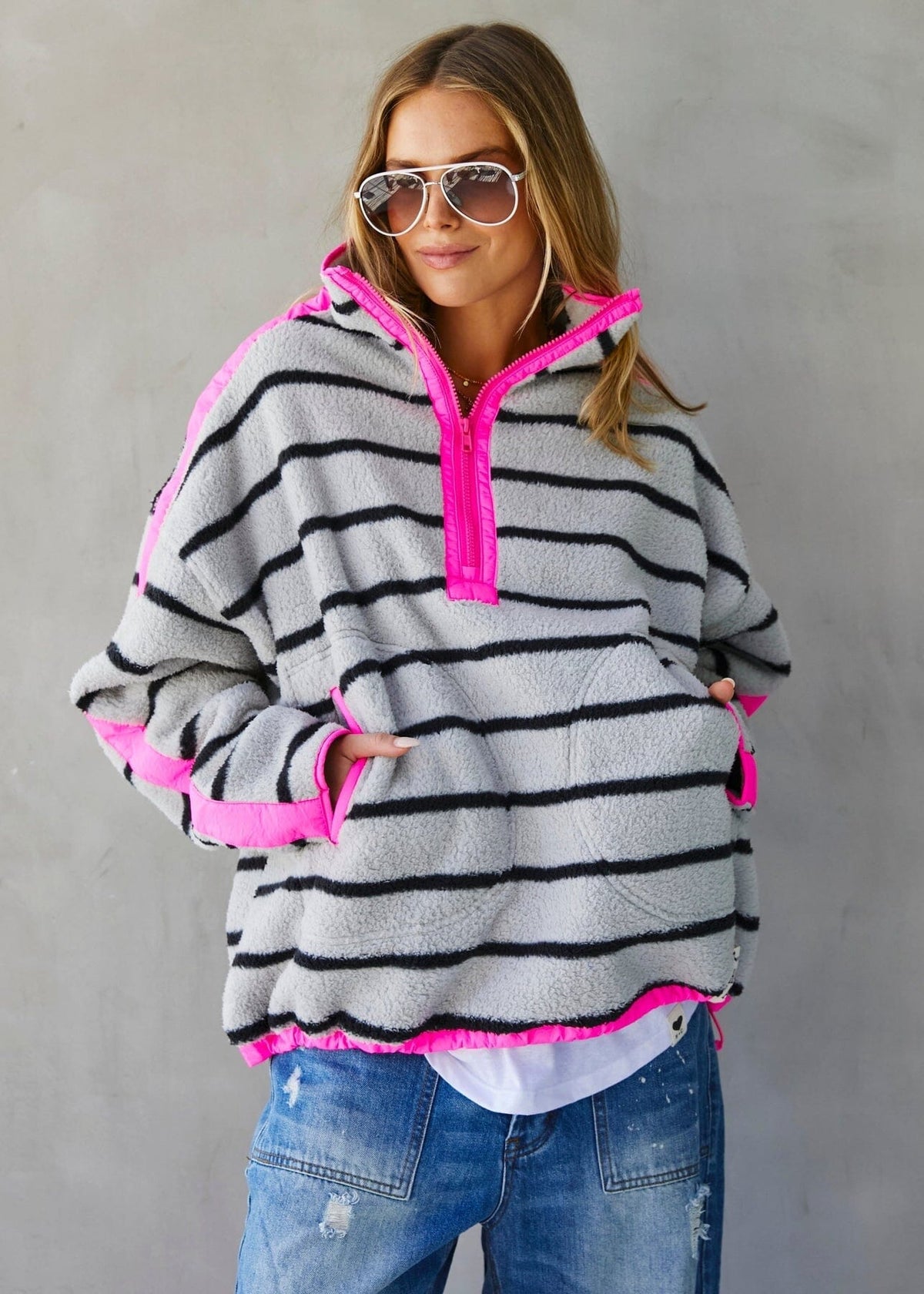 HAMMILL &amp; CO Pop Stripe Polar Fleece - Neon Pink Jacket - Zabecca Living