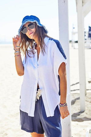 HAMMILL & CO Resort Beach Shirt - White/Navy Shirts & Blouses - Zabecca Living