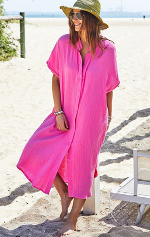 HAMMILL & CO Resort Cheesecloth Beach Dress - Pink/Red Dress - Zabecca Living