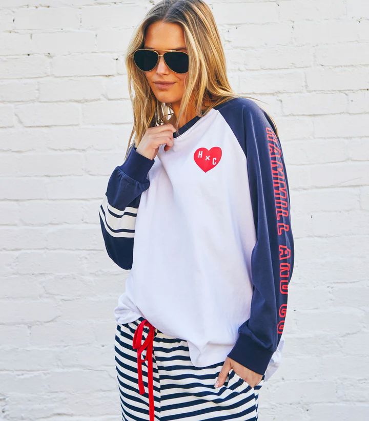 HAMMILL &amp; CO Retro Heart Long Sleeve Tee - White/Navy Long Sleeve Tee - Zabecca Living