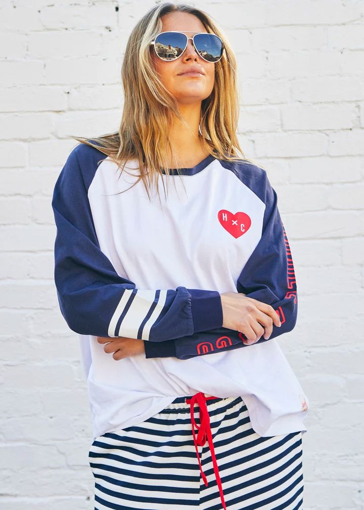 HAMMILL &amp; CO Retro Heart Long Sleeve Tee - White/Navy Long Sleeve Tee - Zabecca Living