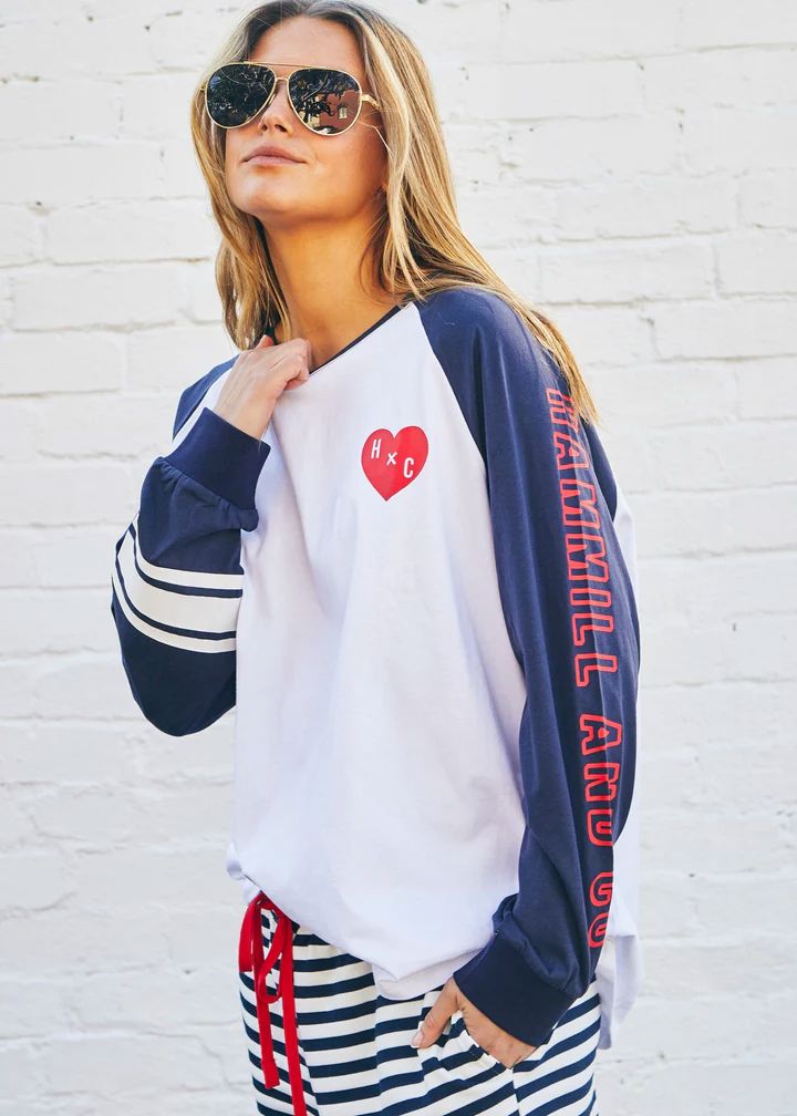 HAMMILL &amp; CO Retro Heart Long Sleeve Tee - White/Navy Long Sleeve Tee - Zabecca Living
