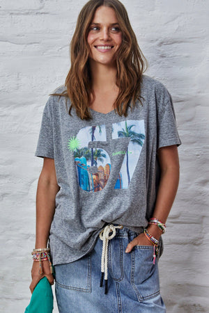 HAMMILL & CO Retro Palm V Neck Tee - Charcoal Tee - Zabecca Living