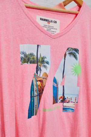 HAMMILL & CO Retro Palm V Neck Tee - Hot Pink Tee - Zabecca Living