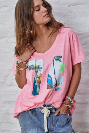 HAMMILL & CO Retro Palm V Neck Tee - Hot Pink Tee - Zabecca Living