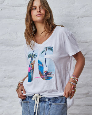 HAMMILL & CO Retro Palm V Neck Tee - White Tee - Zabecca Living