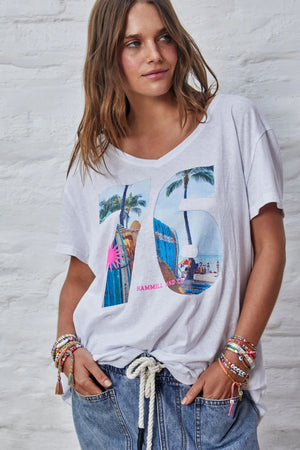 HAMMILL & CO Retro Palm V Neck Tee - White Tee - Zabecca Living