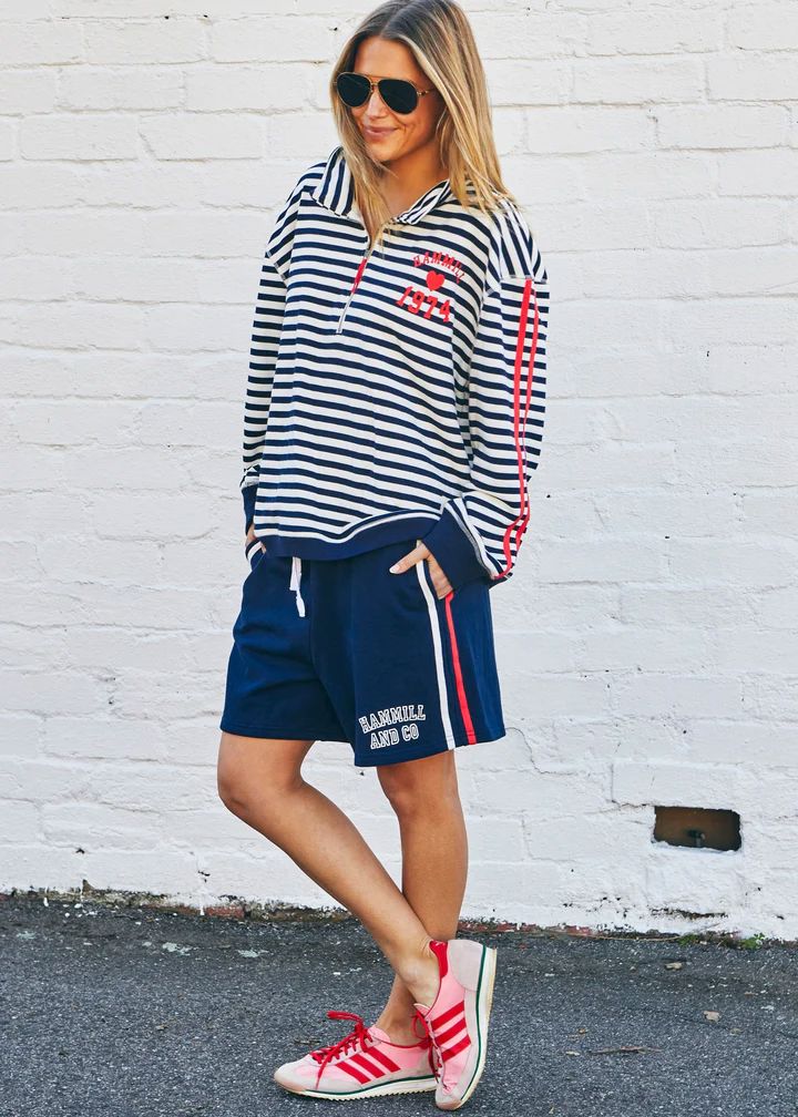HAMMILL &amp; CO Retro Stripe Collard Zip Sweat - Navy/White SWEATER - Zabecca Living