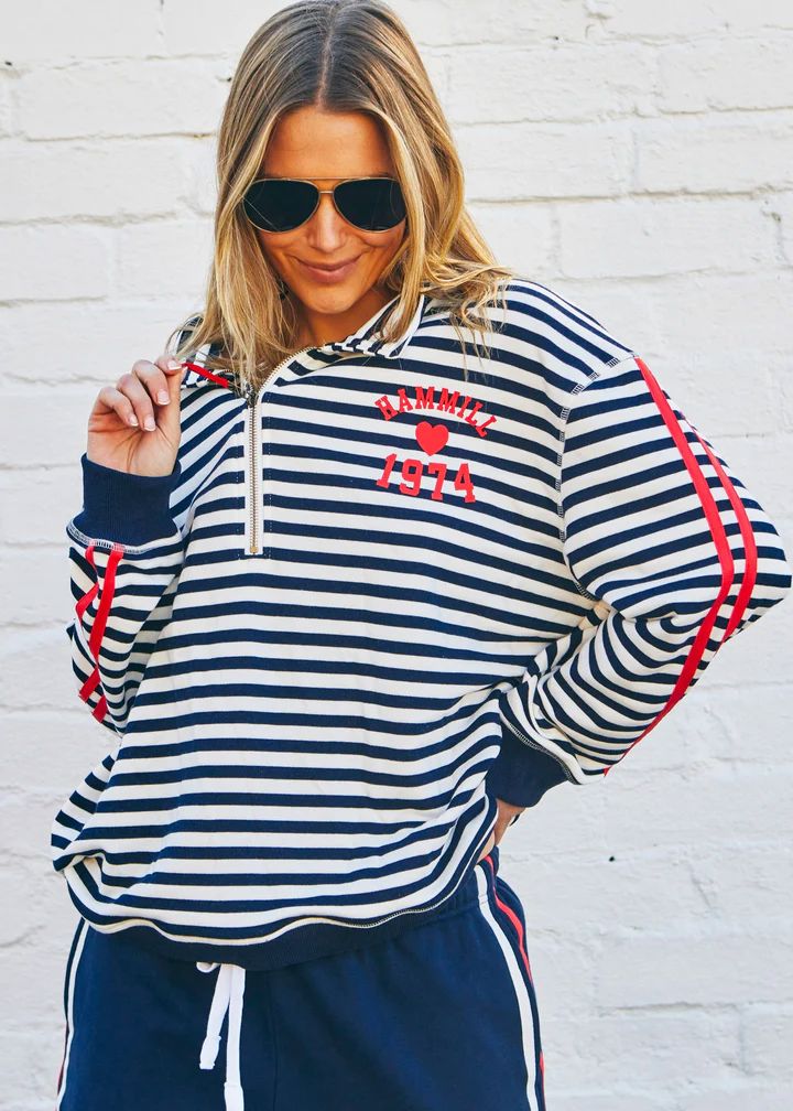 HAMMILL &amp; CO Retro Stripe Collard Zip Sweat - Navy/White SWEATER - Zabecca Living