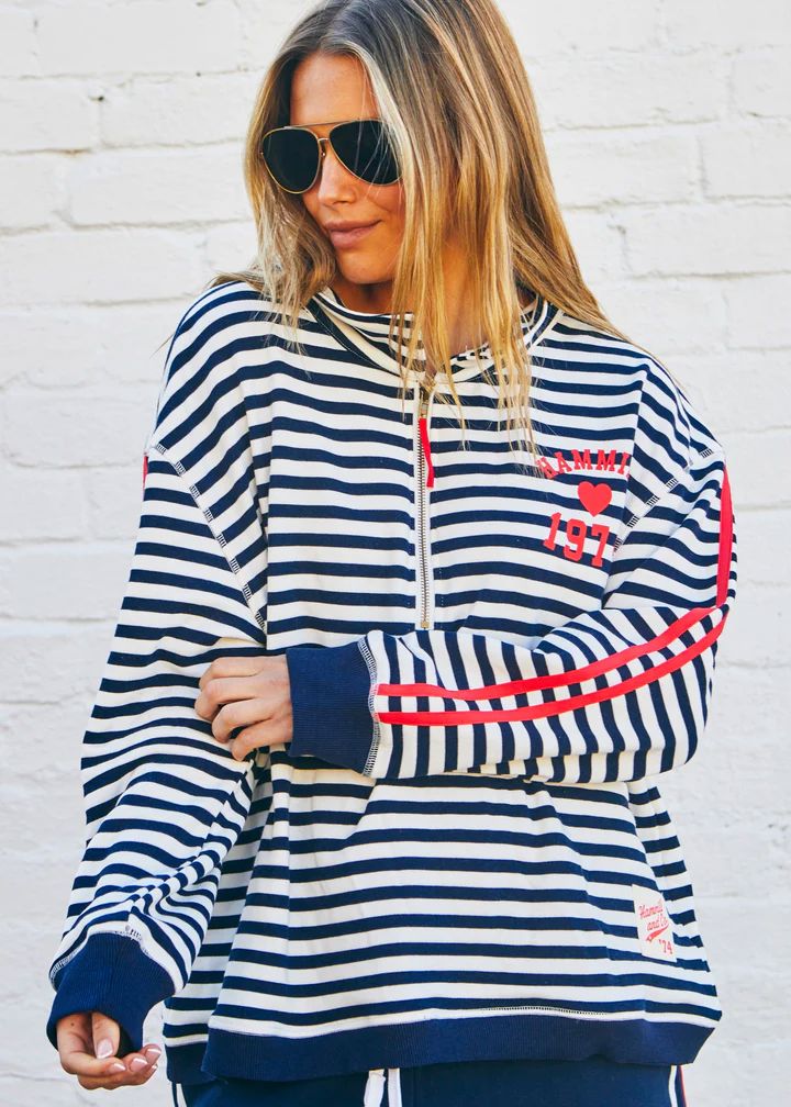 HAMMILL &amp; CO Retro Stripe Collard Zip Sweat - Navy/White SWEATER - Zabecca Living