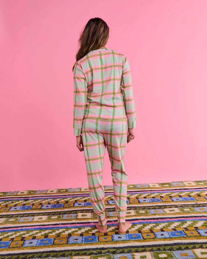 KIP &amp; CO Organic Cotton Long Sleeve Pyjama Top &amp; Slouch Pant Set - Pistachio Tartan Sleepwear - Zabecca Living
