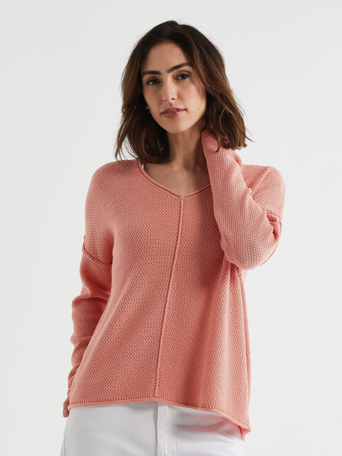 LD &amp; Co Birdseye V Jumper - Peach Jumpers + Knitwear - Zabecca Living
