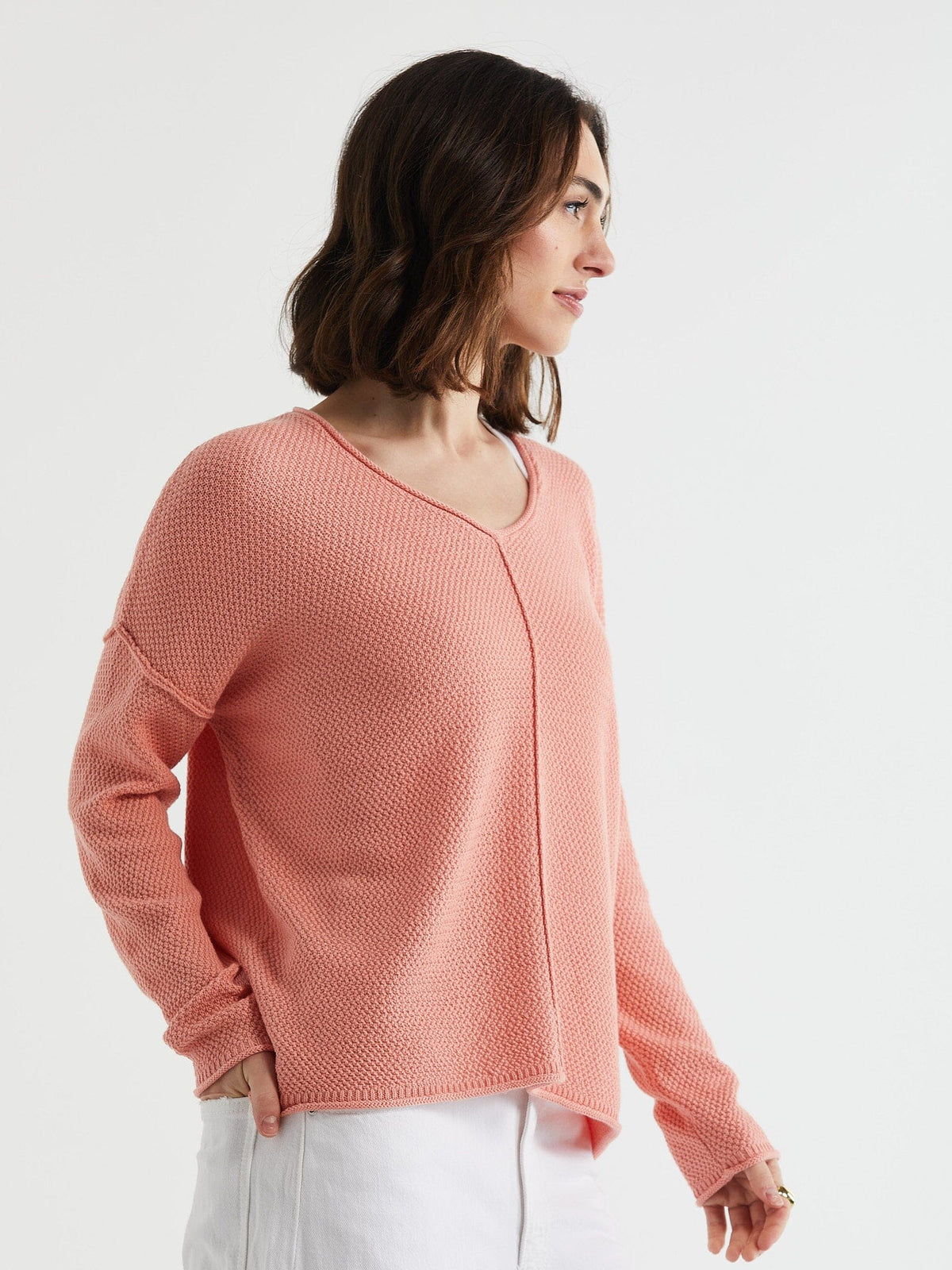 LD &amp; Co Birdseye V Jumper - Peach Jumpers + Knitwear - Zabecca Living