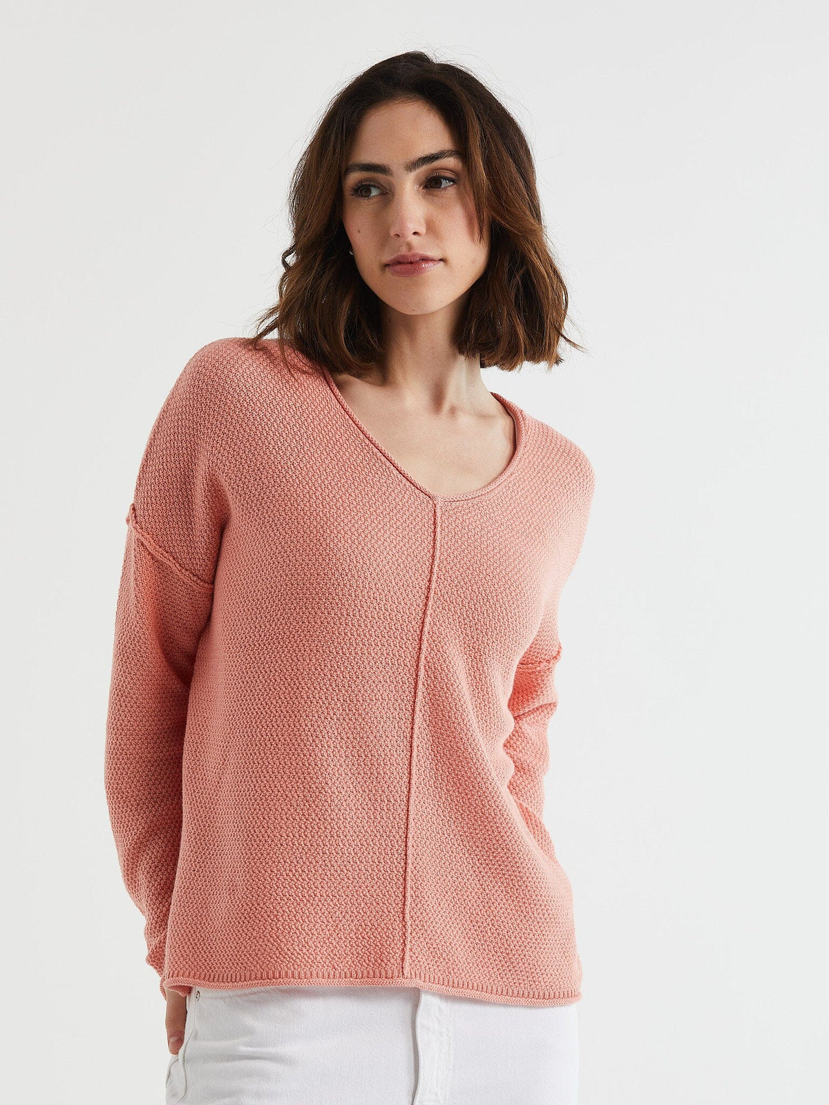 LD &amp; Co Birdseye V Jumper - Peach Jumpers + Knitwear - Zabecca Living