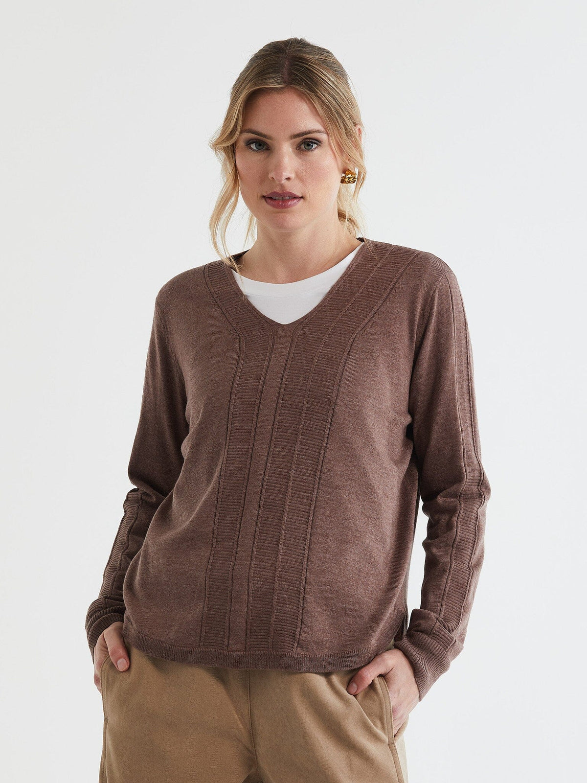 LD & Co Rounded Bottom V-Neck Jumper - Bark Jumpers + Knitwear - Zabecca Living