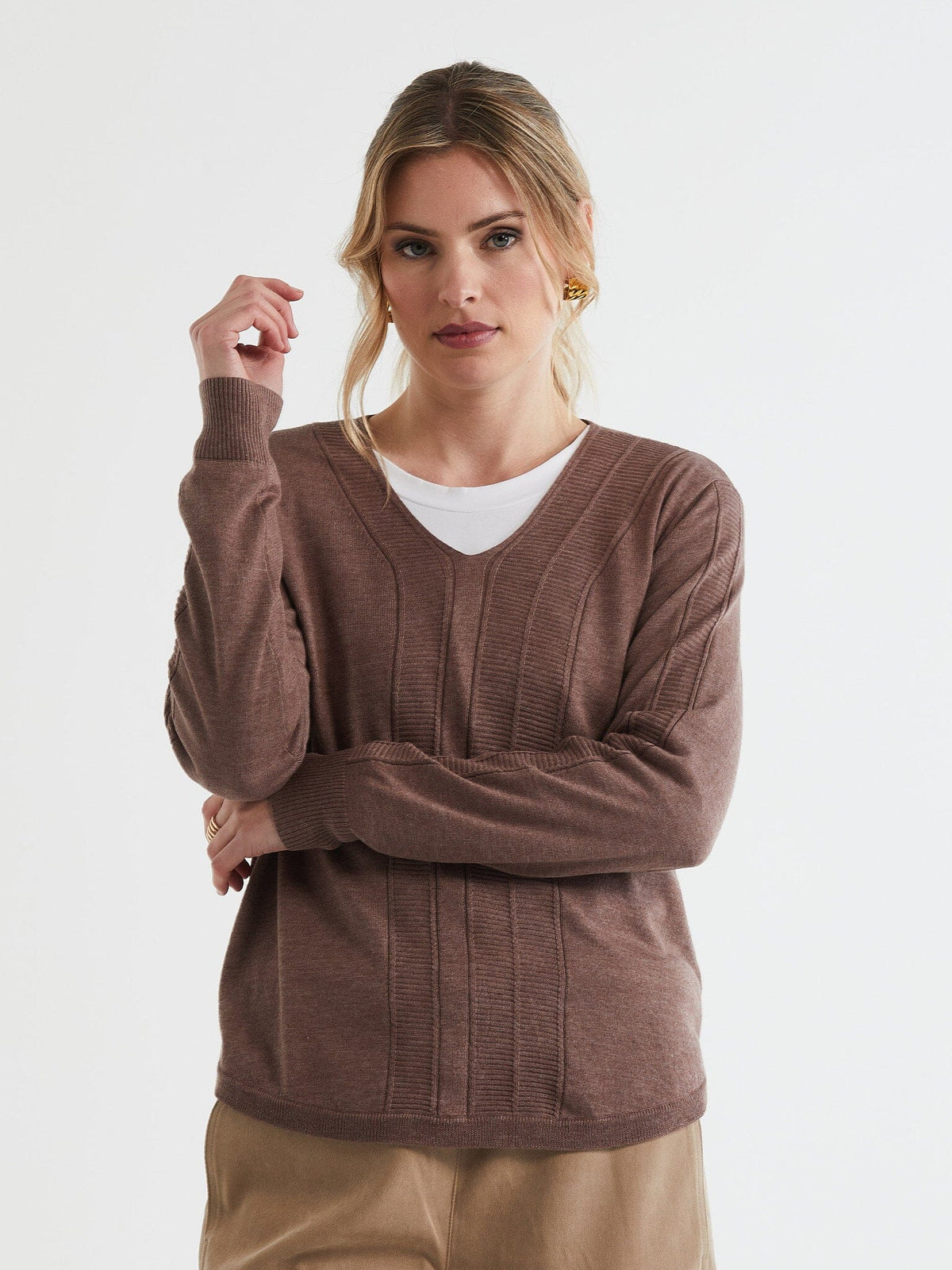 LD & Co Rounded Bottom V-Neck Jumper - Bark Jumpers + Knitwear - Zabecca Living