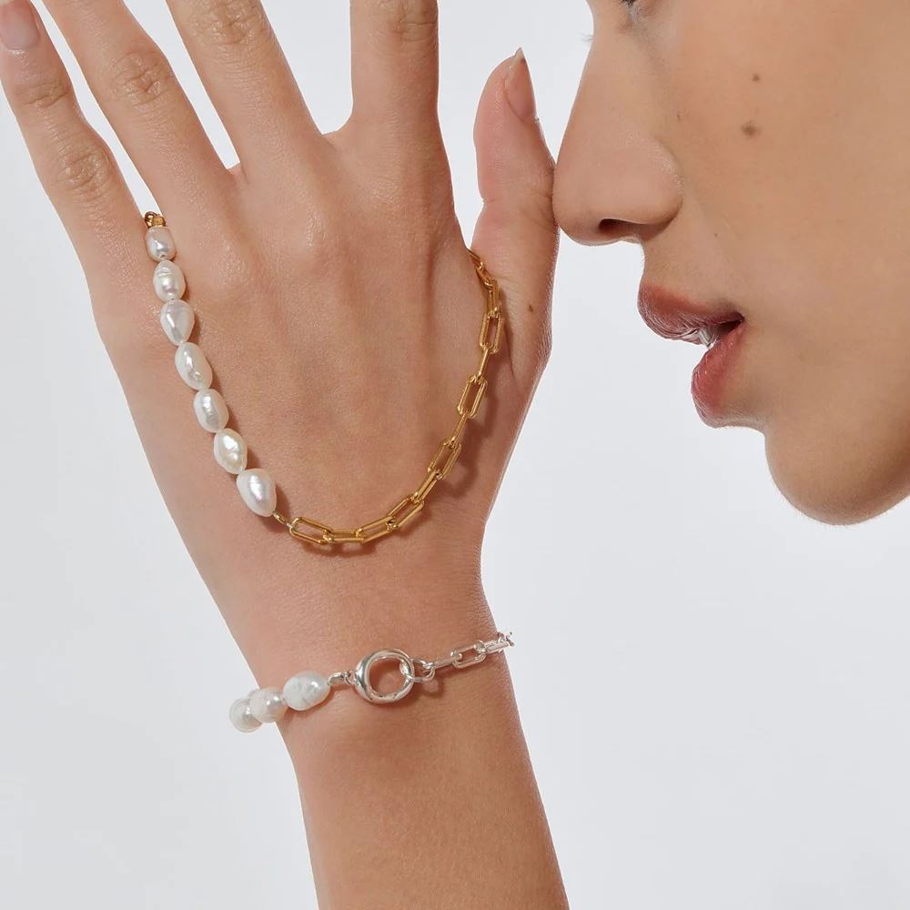 LINDA TAHIJA Paperclip Baroque Pearl Bracelet - Sterling Silver BRACELET - Zabecca Living