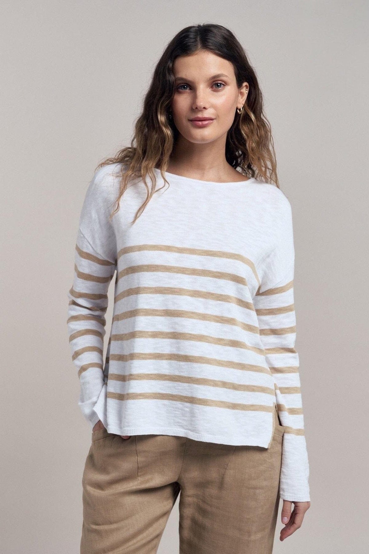 LITTLE LIES Bobbi Top - White / Camel Jumpers + Knitwear - Zabecca Living