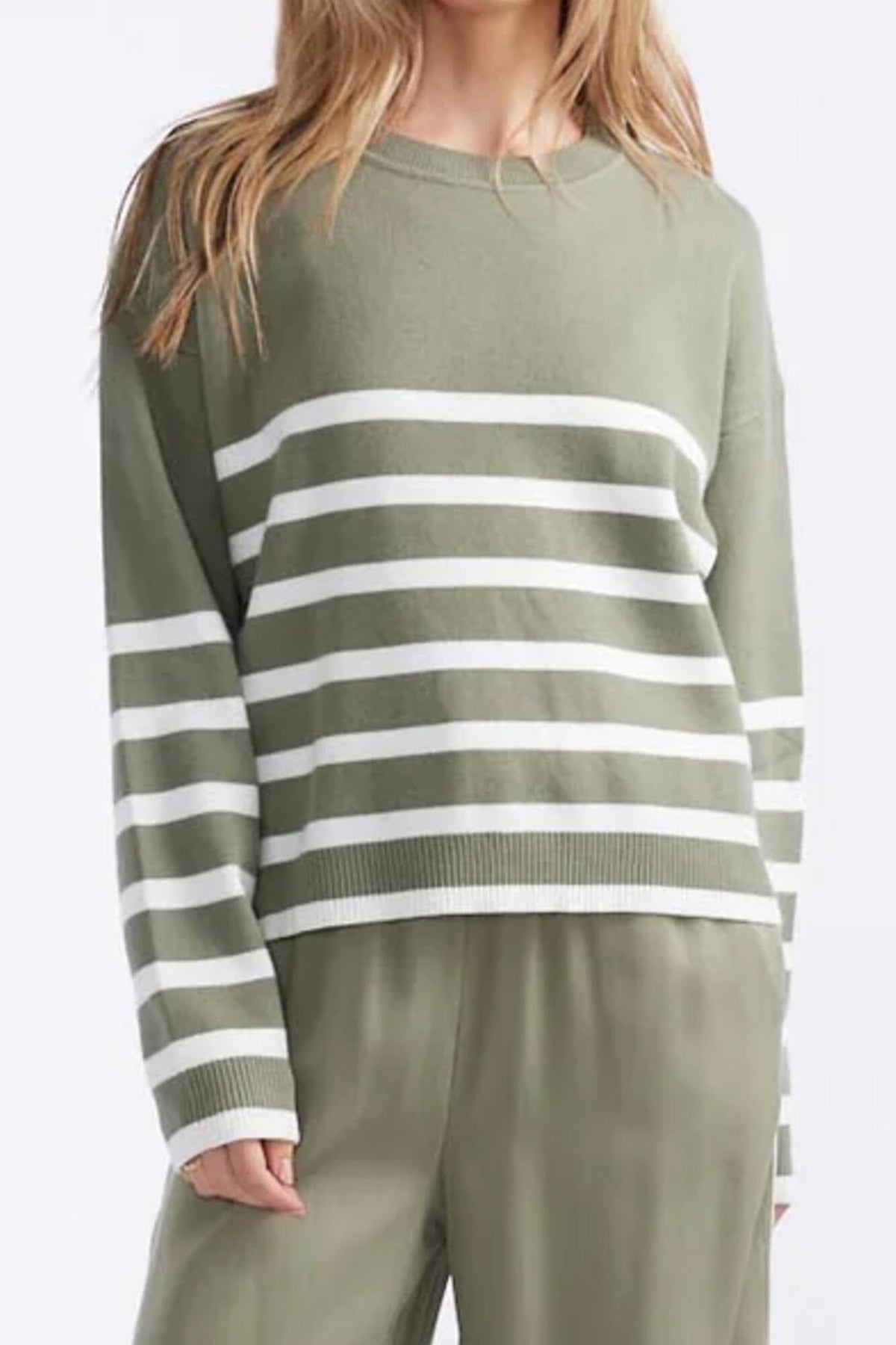 LITTLE LIES Lottie Stripe Sweater - Khaki / White SWEATER - Zabecca Living