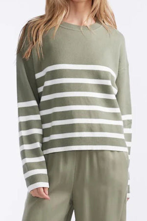 LITTLE LIES Lottie Stripe Sweater - Khaki / White SWEATER - Zabecca Living