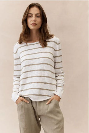 LITTLE LIES Nellie Stripe Top - Khaki & White Jumpers + Knitwear - Zabecca Living