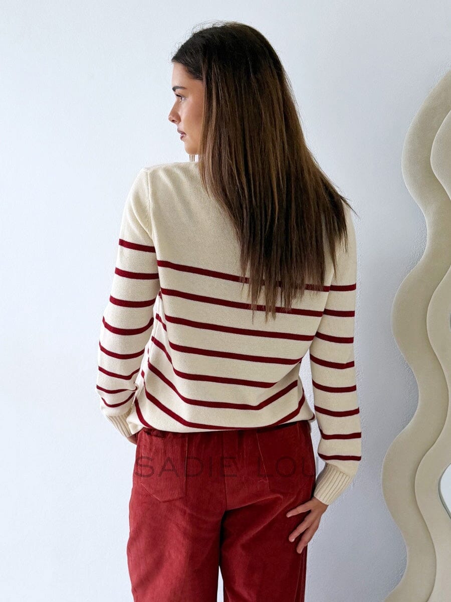 LITTLE LIES Serena Stripe Sweater - Cherry / White SWEATER - Zabecca Living