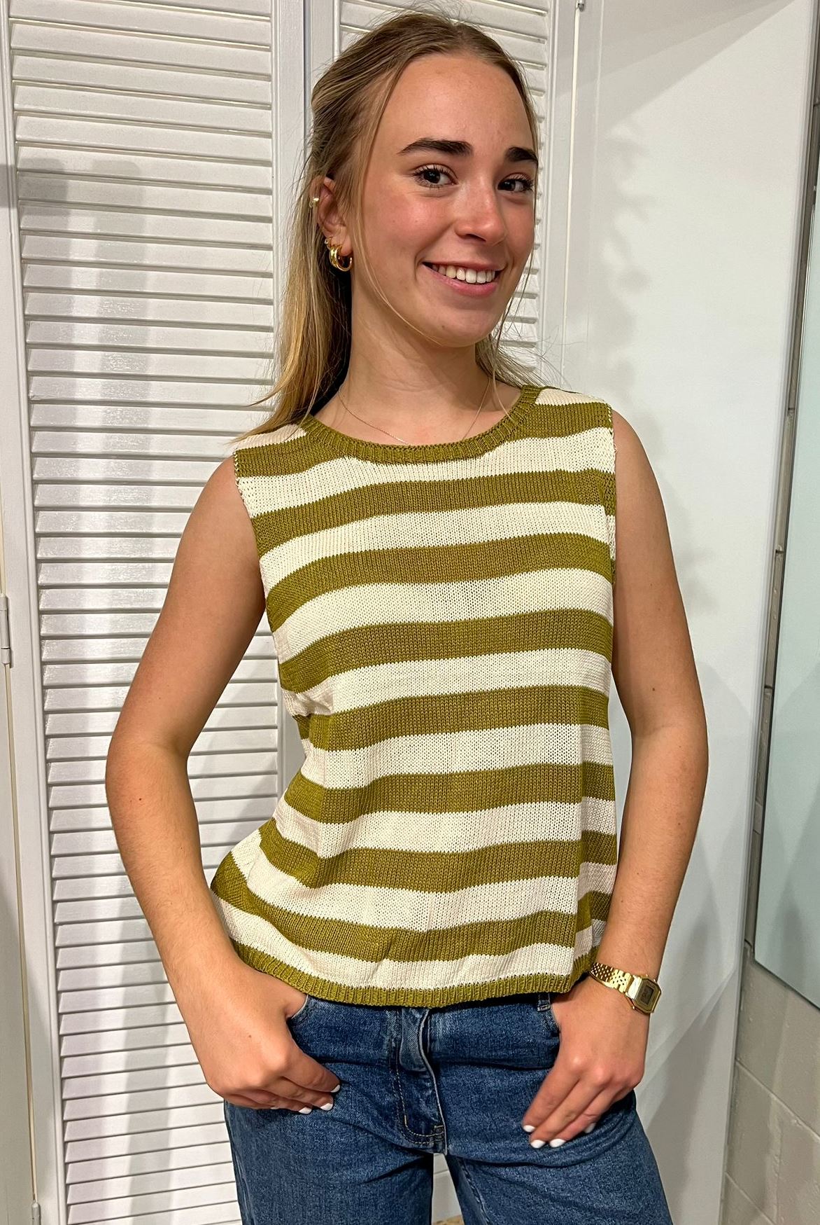 LITTLE LIES Stripe Spring Tank - White/ Khaki Tank - Zabecca Living
