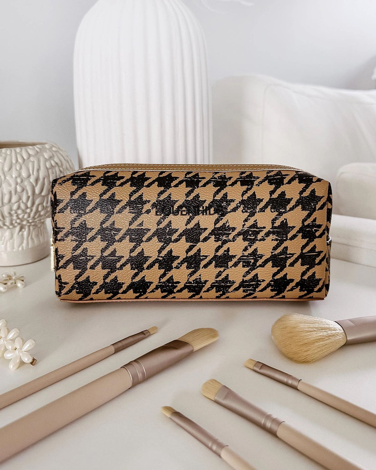 LOUENHIDE Brianna Makeup Bag - Houndstooth Camel toiletry bag - Zabecca Living