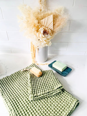 MAMA AND TOCHTER 100% Organic Cotton Rustic Waffle Face Cloth - Light Olive - Zabecca Living