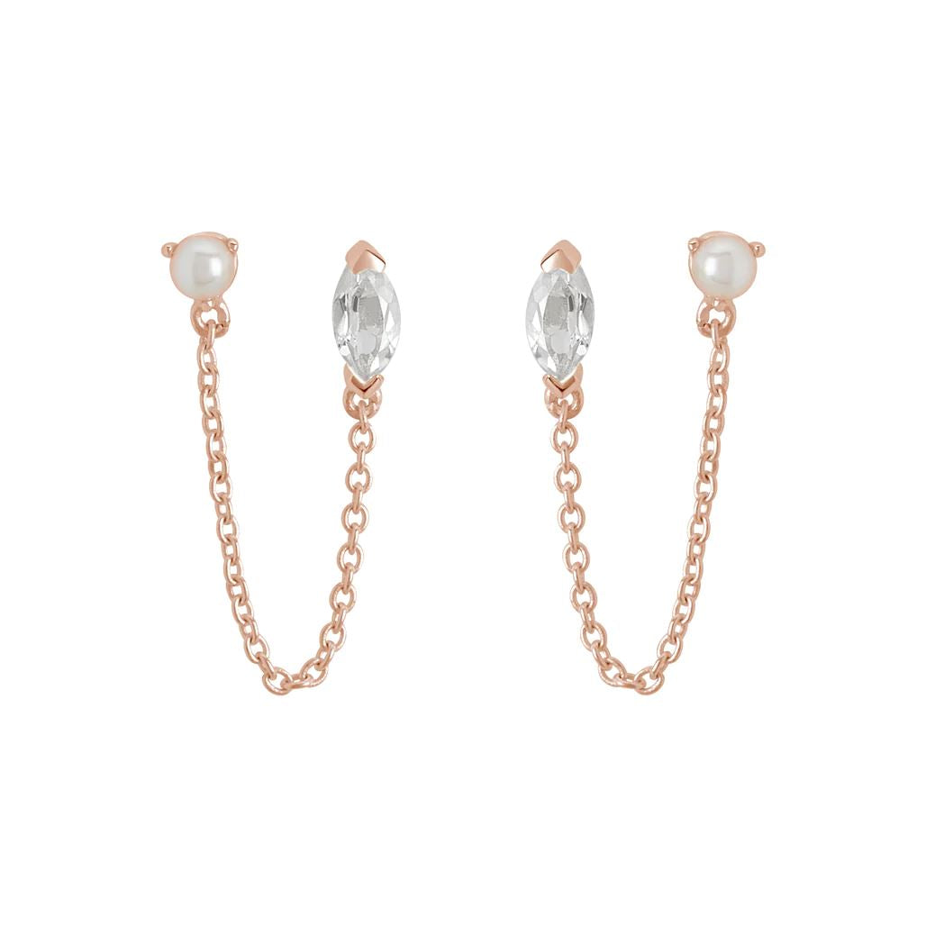 MURKANI White Topaz Marquise Stone Pearl & Chain - Rose Gold Plate Earrings - Zabecca Living