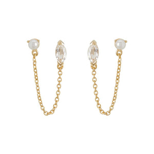 MURKANI White Topaz Marquise Stone Pearl & Chain - Yellow Gold Plate Earrings - Zabecca Living