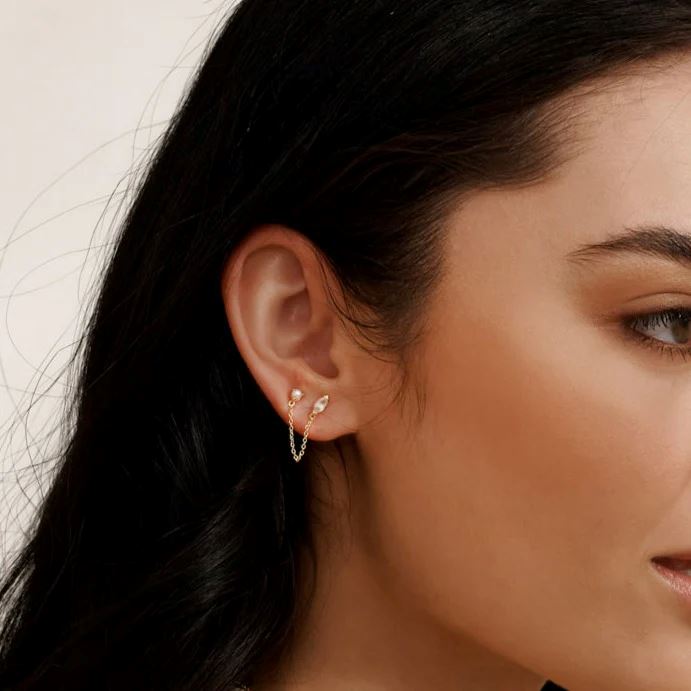 MURKANI White Topaz Marquise Stone Pearl & Chain - Yellow Gold Plate Earrings - Zabecca Living