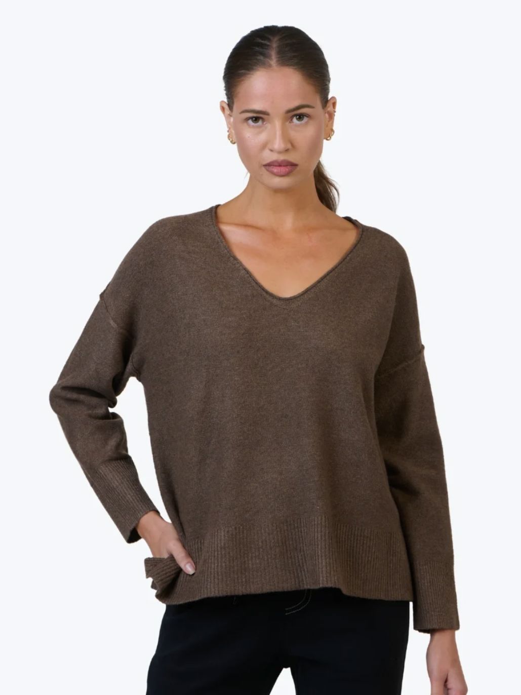 NAMASTAI Sophie V-Neck Jumper - Chocolate Jumpers + Knitwear - Zabecca Living