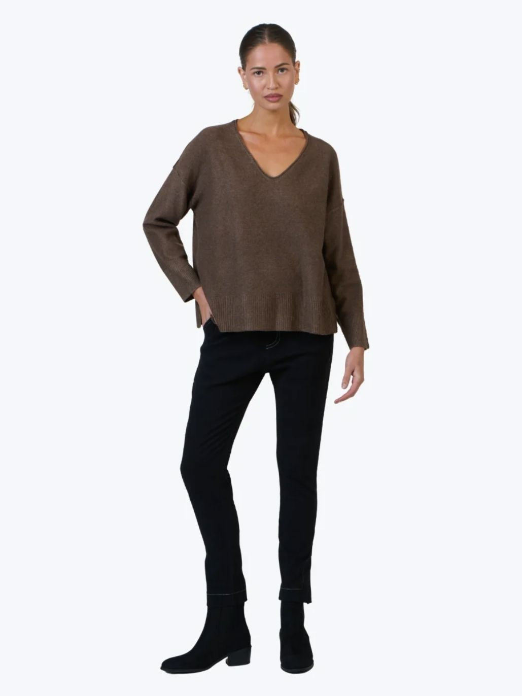 NAMASTAI Sophie V-Neck Jumper - Chocolate Jumpers + Knitwear - Zabecca Living