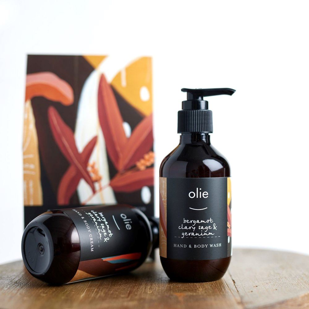 OLIEVE &amp; OLIE Limited Edition Wash &amp; Cream Twin Set - Bergamot, Clary Sage &amp; Geranium GIFT PACK - Zabecca Living