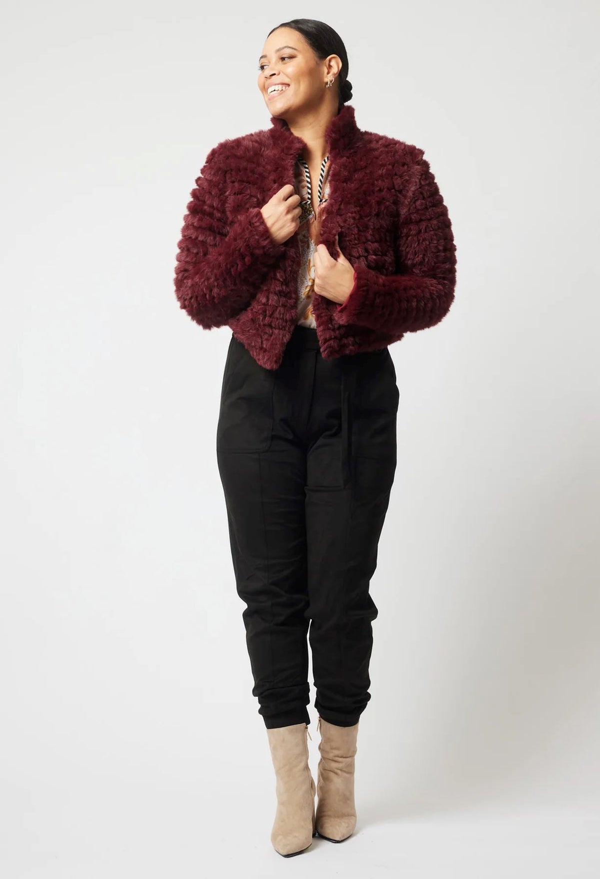 ONCE WAS Altair Faux Fur Bomber Jacket - Scarlet Jacket - Zabecca Living