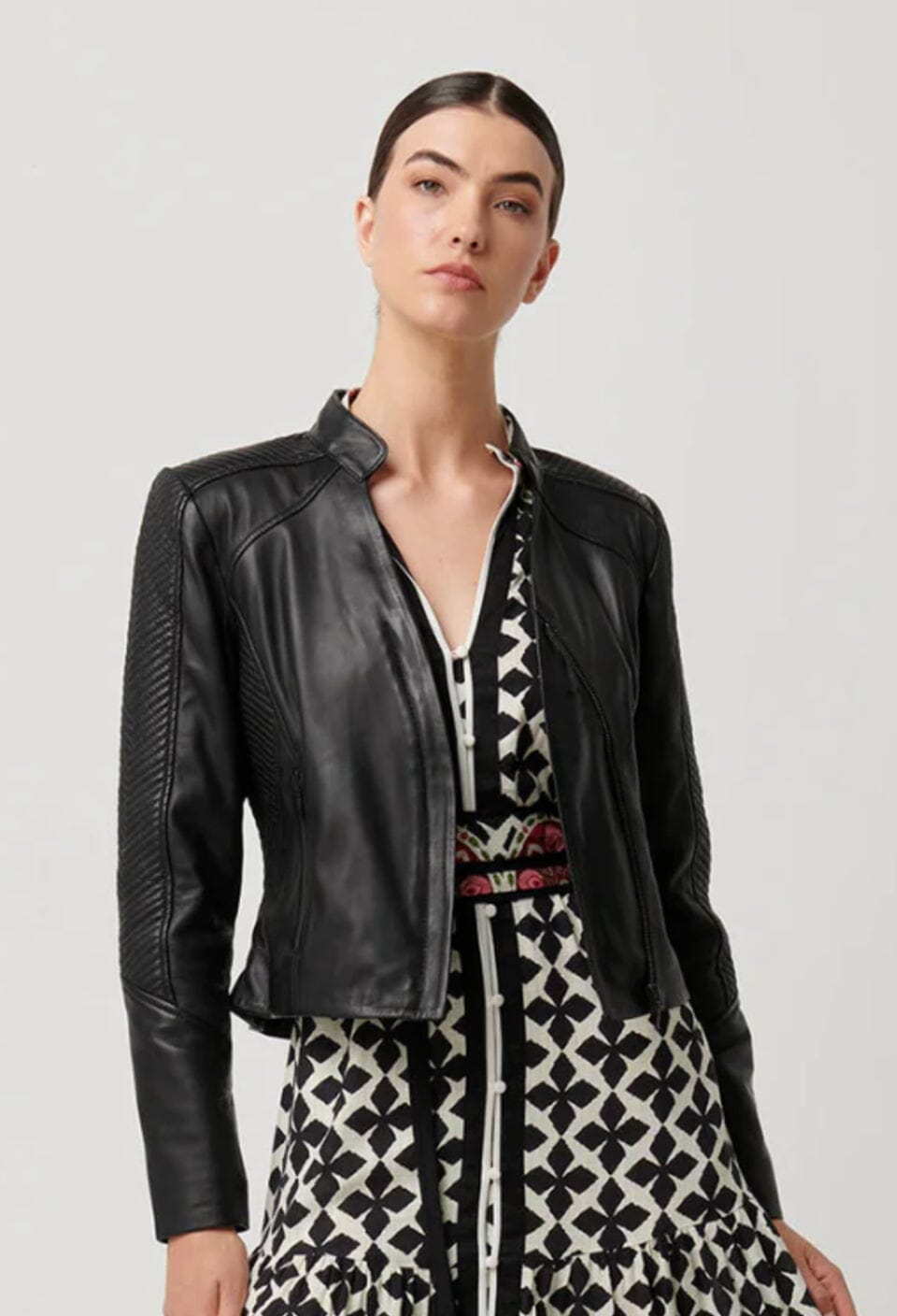 ONCE WAS Blaire Leather Herringbone Stitch Jacket - Black Jacket - Zabecca Living