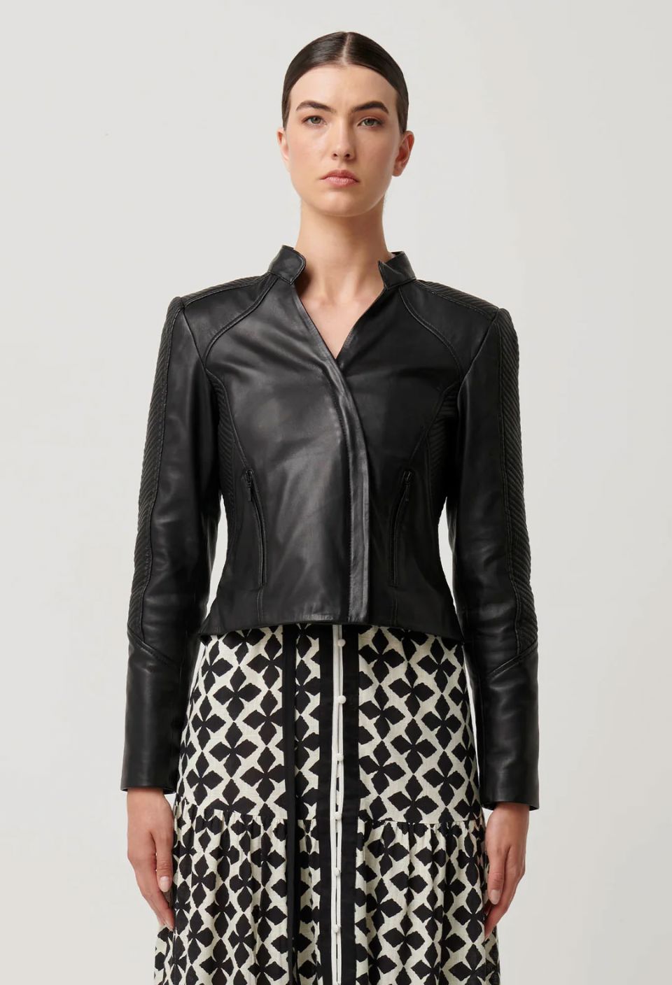 ONCE WAS Blaire Leather Herringbone Stitch Jacket - Black Jacket - Zabecca Living