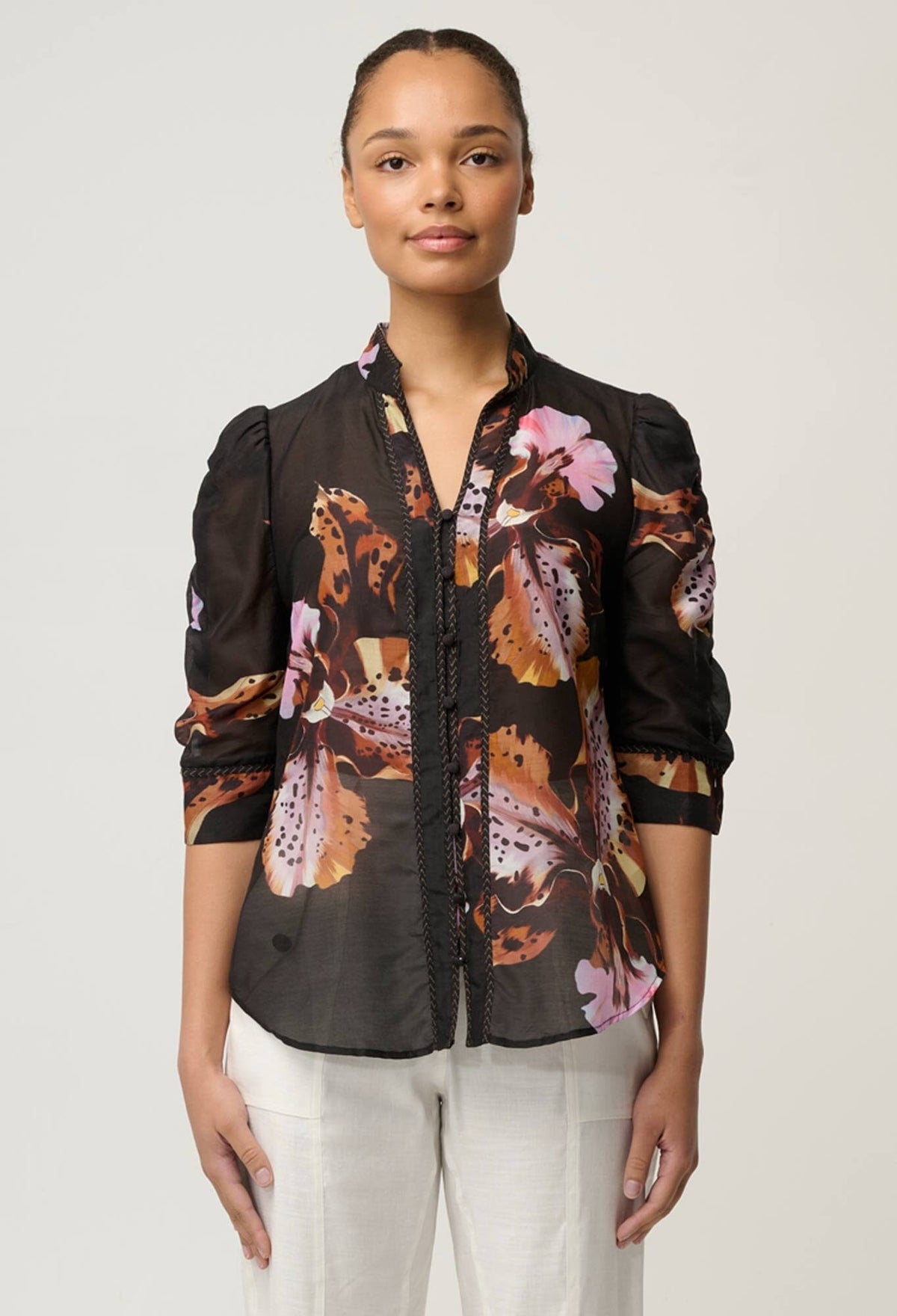 ONCE WAS Calantha Cotton Silk Contrast Trim Ruched Sleeve Shirt - Sunset Orchid Shirts & Blouses - Zabecca Living