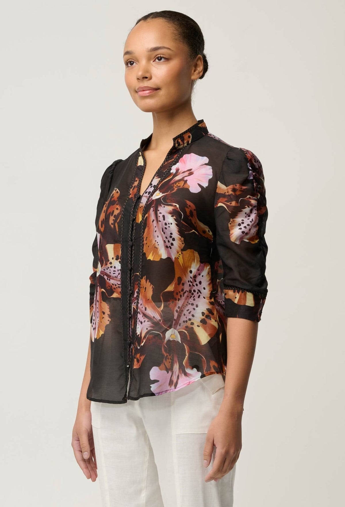 ONCE WAS Calantha Cotton Silk Contrast Trim Ruched Sleeve Shirt - Sunset Orchid Shirts & Blouses - Zabecca Living