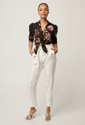 ONCE WAS Calantha Cotton Silk Contrast Trim Ruched Sleeve Shirt - Sunset Orchid Shirts & Blouses - Zabecca Living