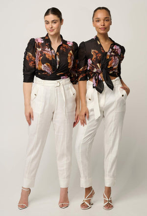 ONCE WAS Calantha Cotton Silk Contrast Trim Ruched Sleeve Shirt - Sunset Orchid Shirts & Blouses - Zabecca Living