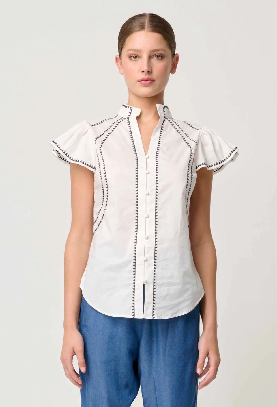 ONCE WAS Carlyle Embroidered Cotton Voile Top - Ivory Shirts &amp; Blouses - Zabecca Living
