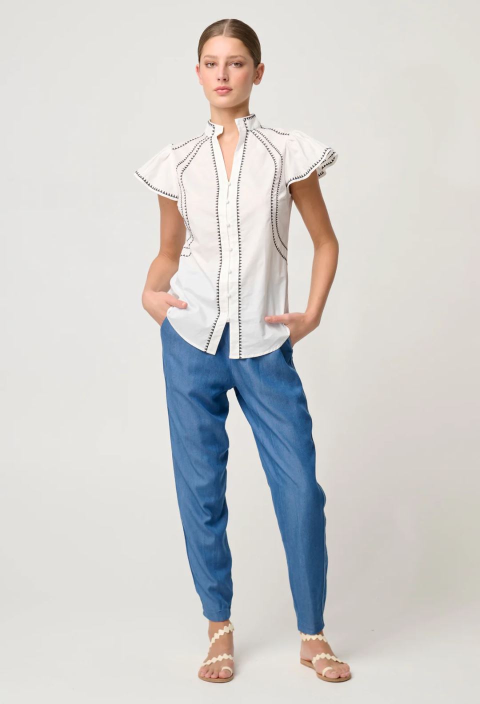 ONCE WAS Carlyle Embroidered Cotton Voile Top - Ivory Shirts &amp; Blouses - Zabecca Living