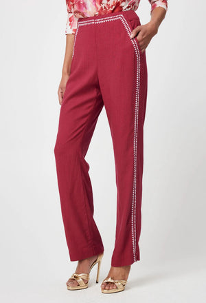 ONCE WAS Carlyle Placement Linen Viscose Pant - Crimson PANTS - Zabecca Living