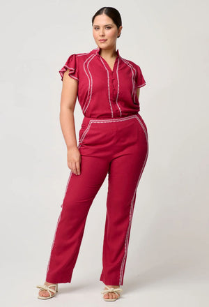 ONCE WAS Carlyle Placement Linen Viscose Pant - Crimson PANTS - Zabecca Living