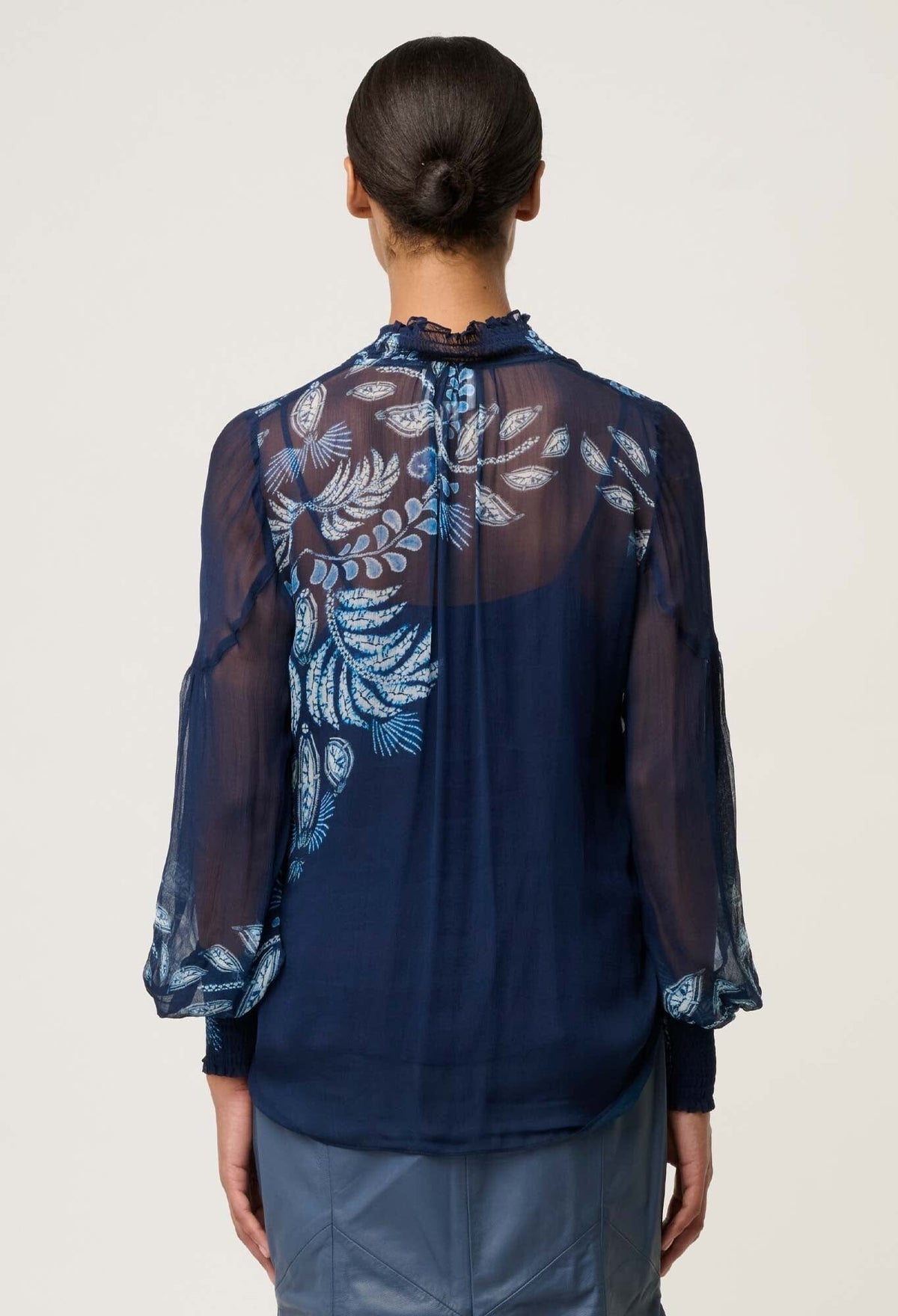 ONCE WAS Colette Viscose Chiffon Print Shirred Collar Blouse - Moonlit Batik Shirts &amp; Blouses - Zabecca Living