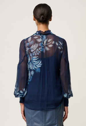 ONCE WAS Colette Viscose Chiffon Print Shirred Collar Blouse - Moonlit Batik Shirts & Blouses - Zabecca Living