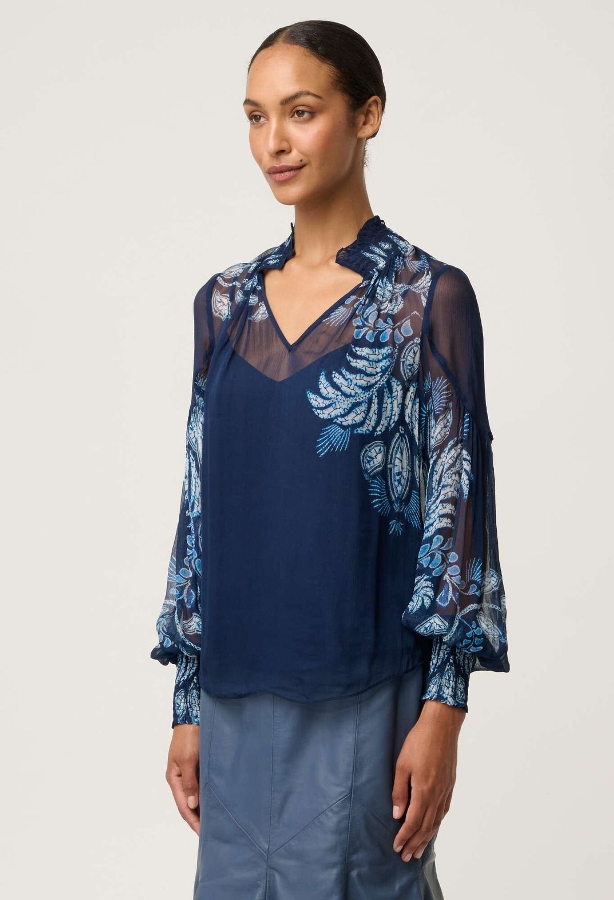 ONCE WAS Colette Viscose Chiffon Print Shirred Collar Blouse - Moonlit Batik Shirts &amp; Blouses - Zabecca Living